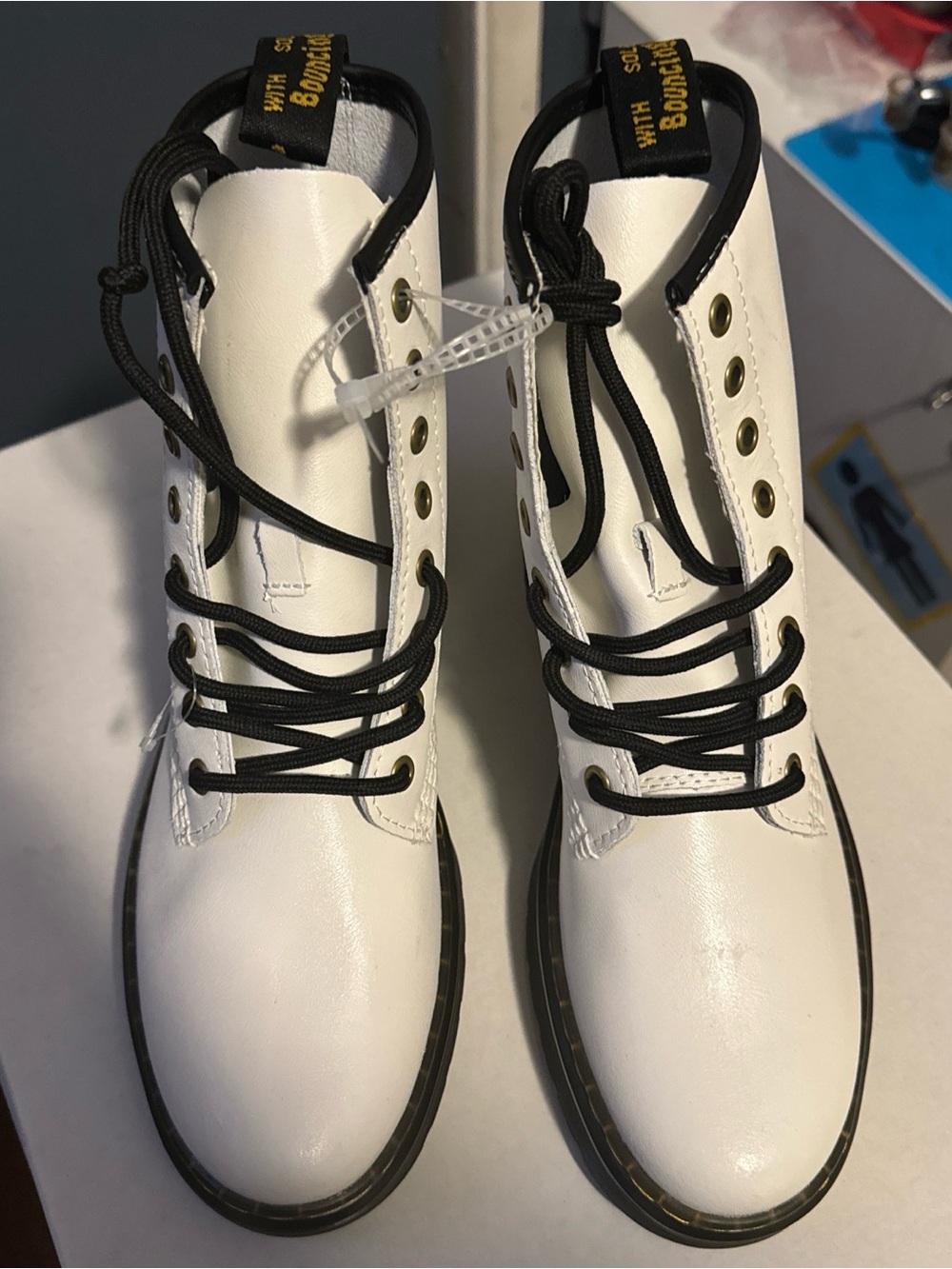 Dr. Martens White Leather Lace-Up Combat Boots with Black Laces